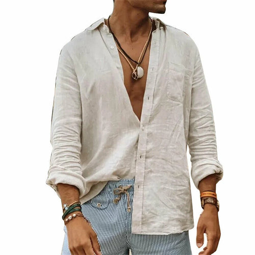 2024 Men Casual Cotton Linen ShirtsStanding Collar Male Solid Color